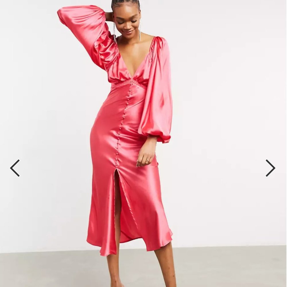ASOS DESIGN satin button through tie back midi tea dress with shirring detail